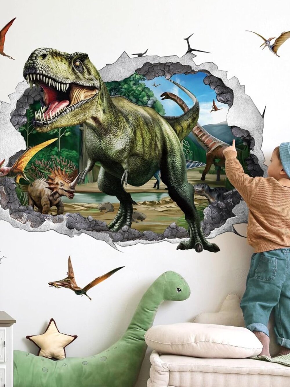 3D Large Dinosaur Wall Decals Dino Crack Hole Animal Wall Stickers